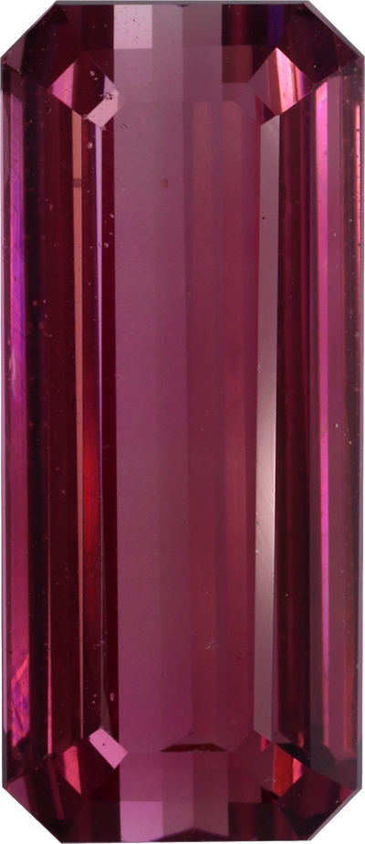 Rectangular cut pink tourmaline, 16.6 by 7.2 mm, shown at actual size