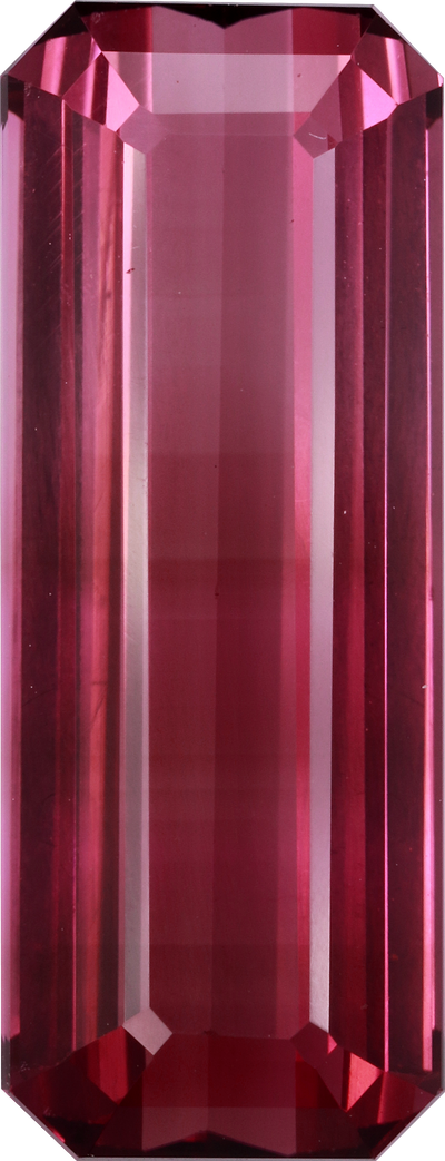 Rectangular cut pink tourmaline, 22 by 8.5 mm, shown at actual size