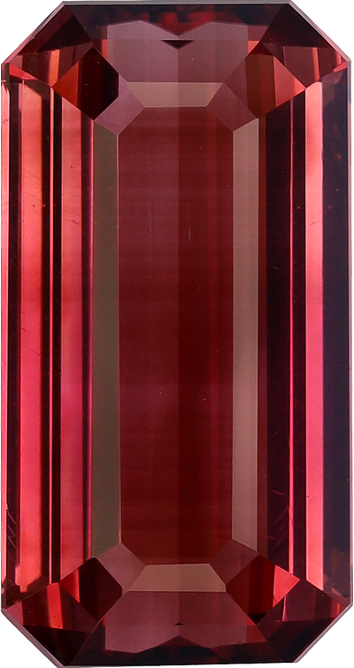 Rectangular cut pink tourmaline, 17.5 by 9.2 mm, shown at actual size