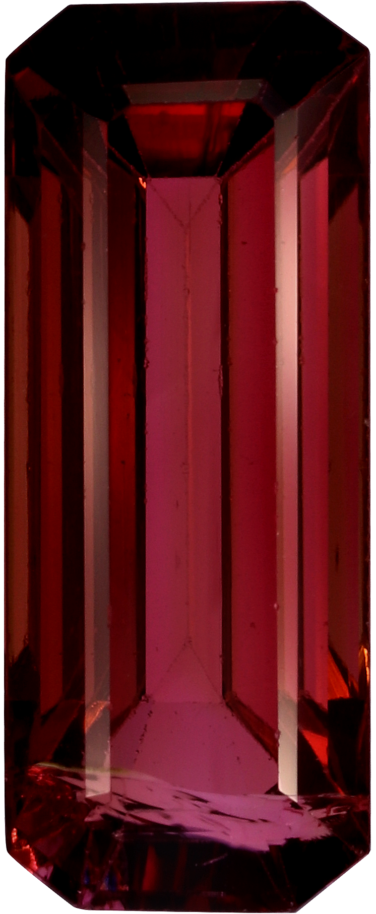 Rectangular cut pink tourmaline, 15.2 by 16.1 mm, shown at actual size