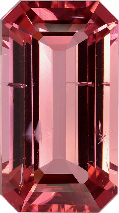 Rectangular cut pink tourmaline, 18.97 by 10.59 mm, shown at actual size