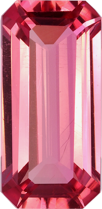 Rectangular cut pink tourmaline, 14.15 by 6.87 mm, shown at actual size