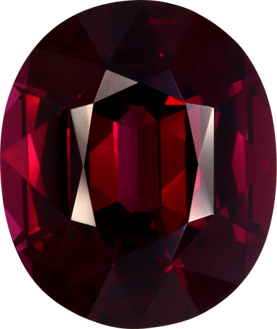 Oval cut rhodolite garnet, 16.9 by 14.2 mm, shown at actual size