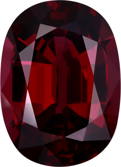 Oval cut rhodolite garnet, 17.12 by 12.35 mm, shown at actual size