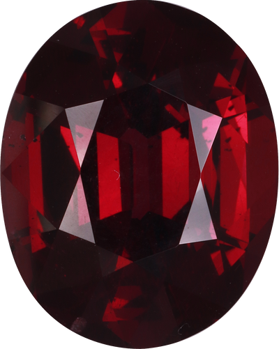 Oval cut rhodolite garnet, 15.53 by 12.36 mm, shown at actual size