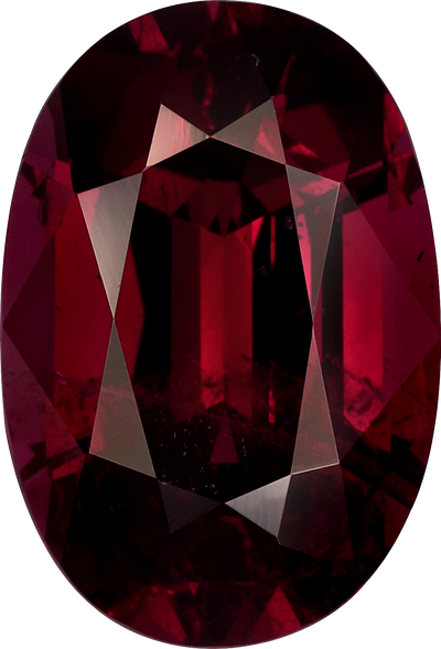Oval cut umbalite garnet, 11.77 by 8.05 mm, shown at actual size
