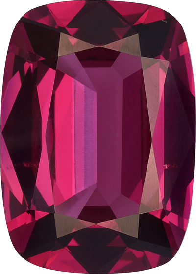 Cushion cut rhodolite garnet, 14.09 by 10.03 mm, shown at actual size
