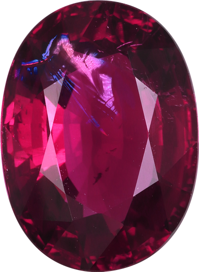 Oval cut rubellite tourmaline, 14.1 by 10.3 mm, shown at actual size