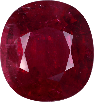 Cushion cut rubellite tourmaline, 20.1 by 18.5 mm, shown at actual size