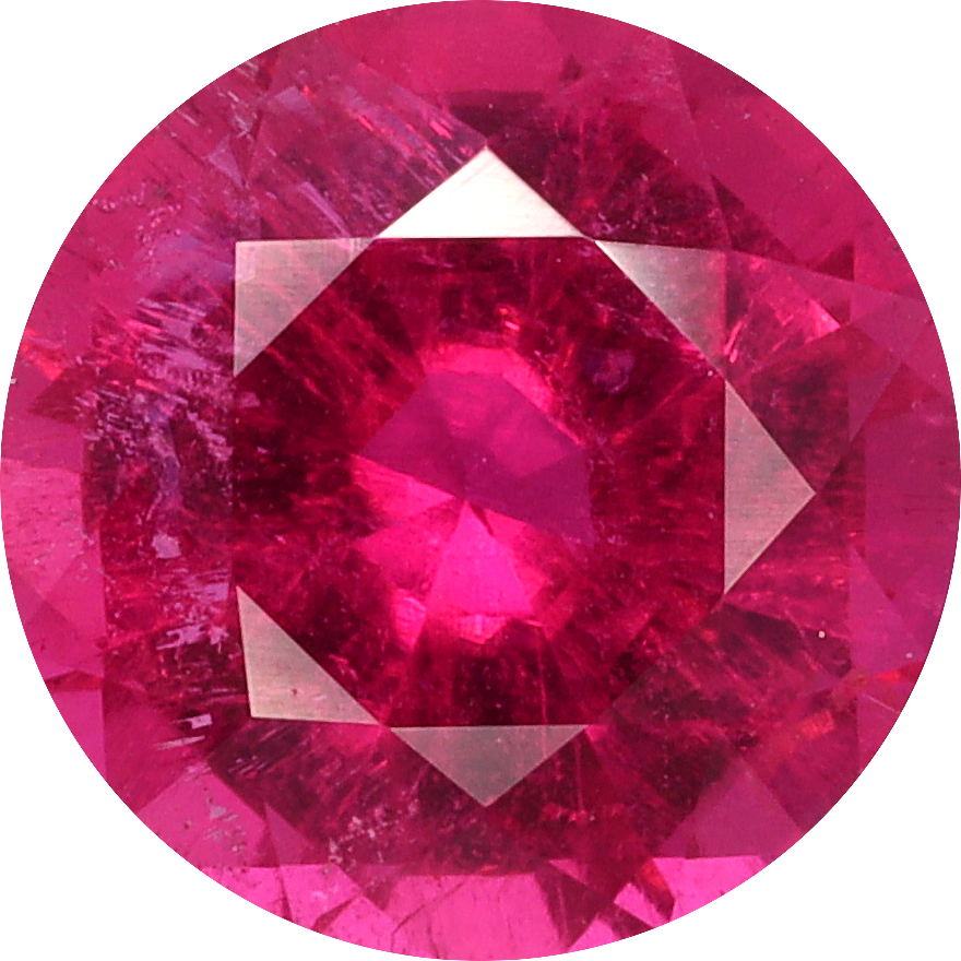 Round cut rubellite tourmaline, 8.55 by 8.5 mm, shown at actual size
