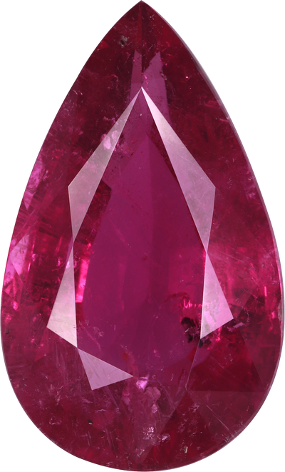 Pear cut rubellite tourmaline, 19.55 by 11.82 mm, shown at actual size