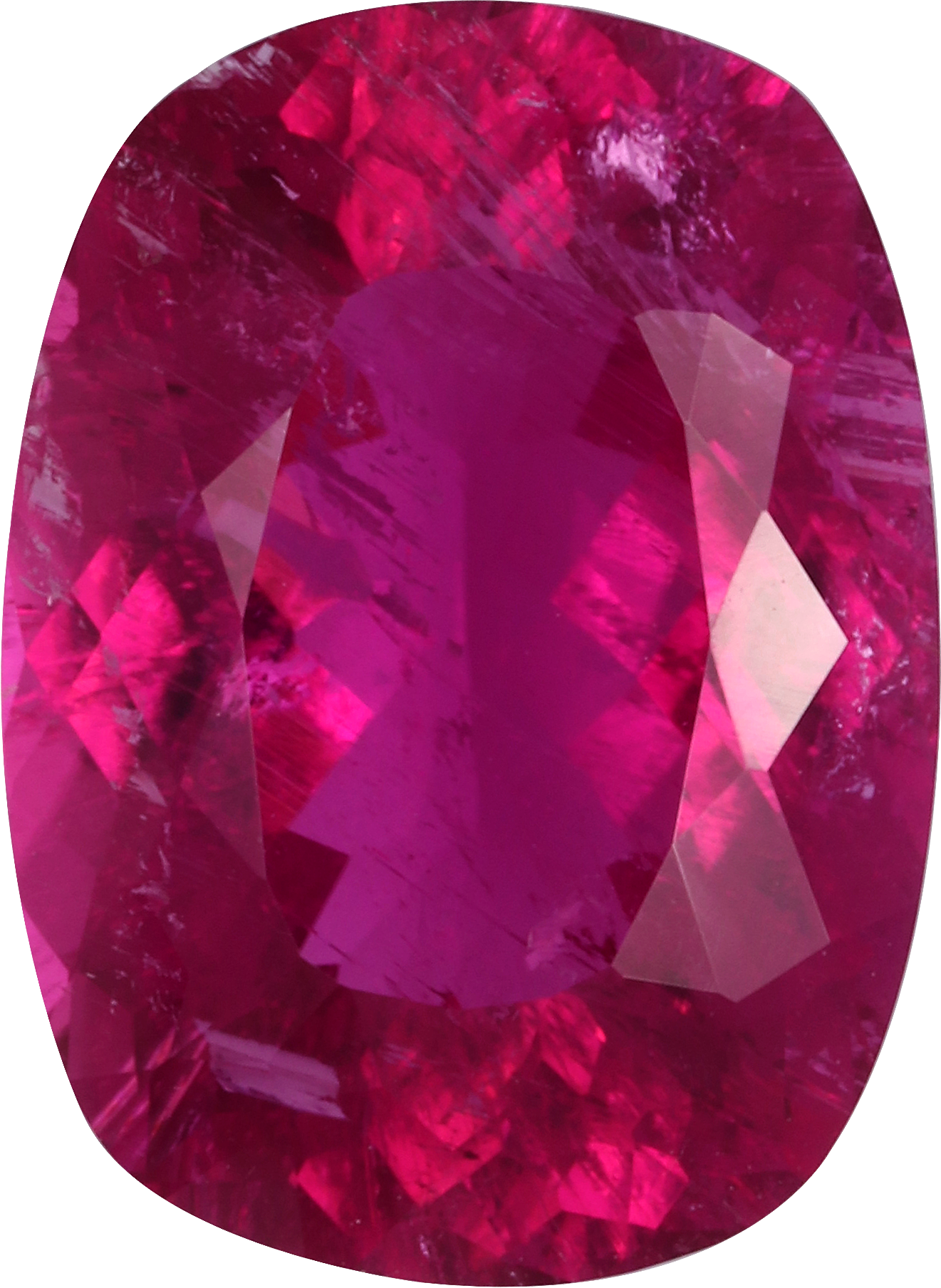 Cushion cut rubellite tourmaline, 11.22 by 8.2 mm, shown at actual size