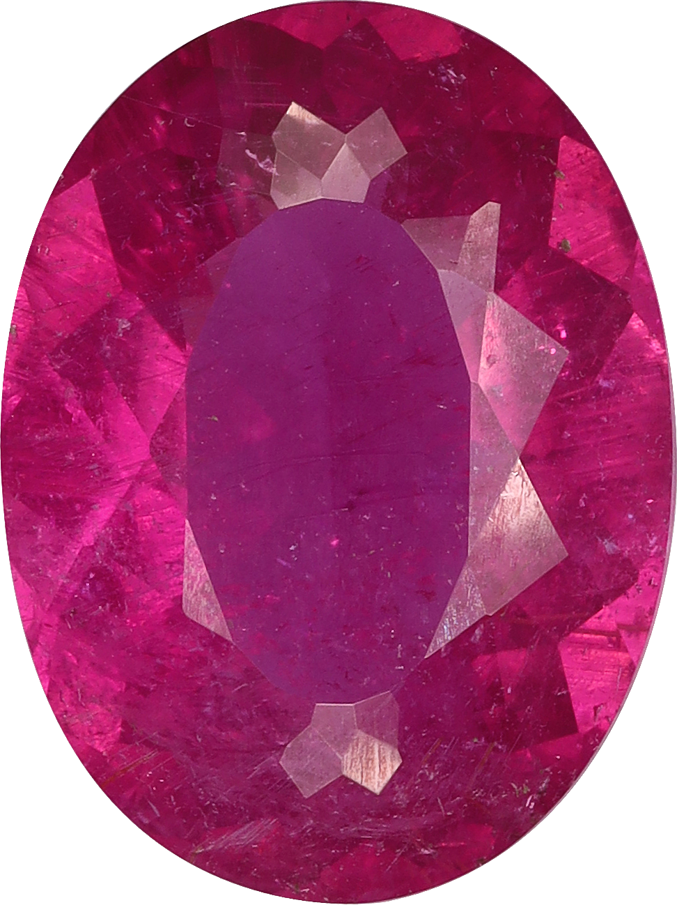 Oval cut rubellite tourmaline, 14.08 by 10.54 mm, shown at actual size