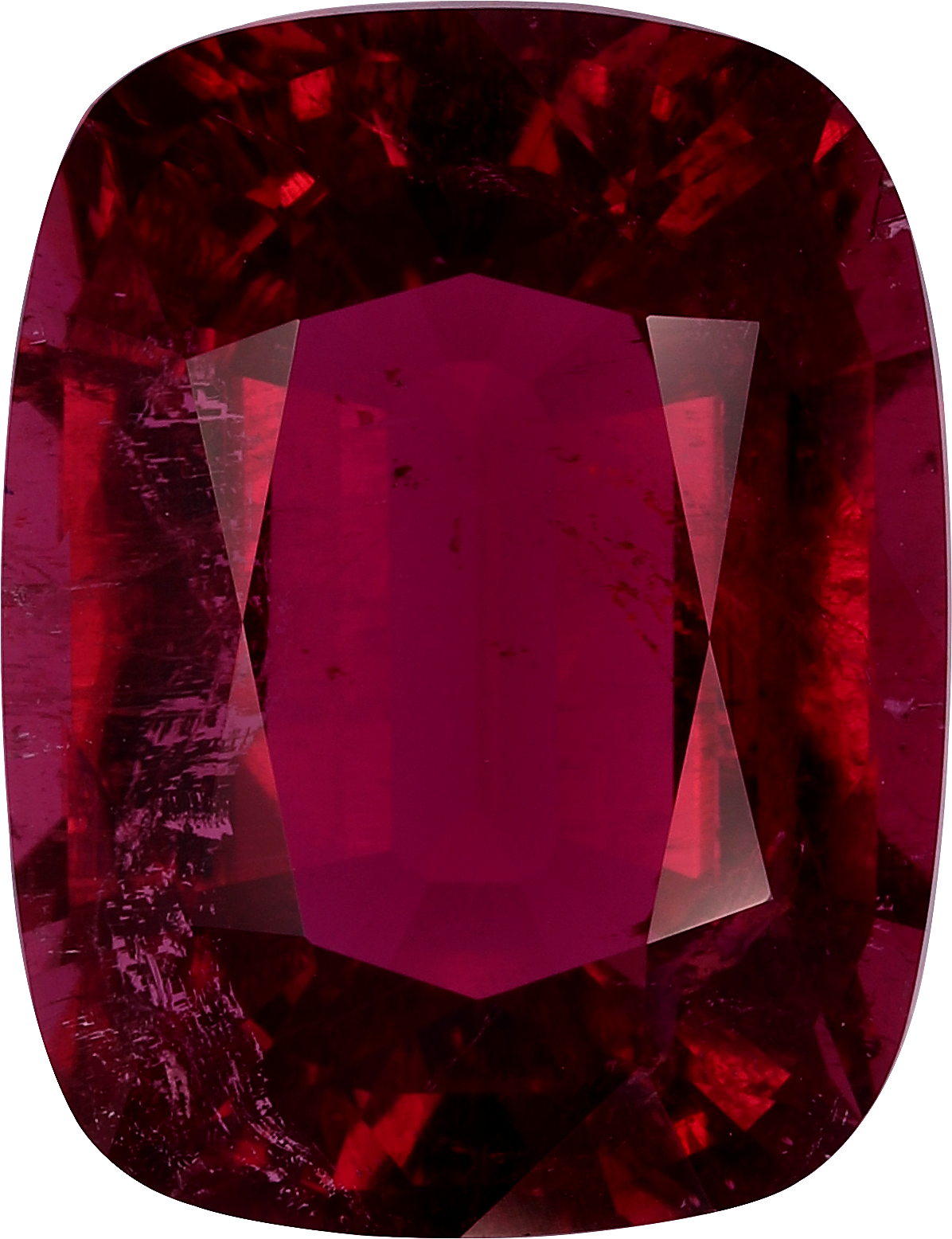 Cushion cut rubellite tourmaline, 16.57 by 12.73 mm, shown at actual size