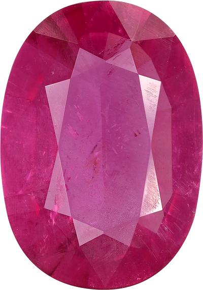 Oval cut rubellite tourmaline, 12.68 by 8.97 mm, shown at actual size
