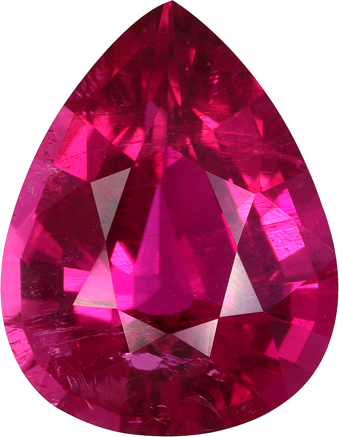 Pear cut rubellite tourmaline, 13.76 by 10.71 mm, shown at actual size