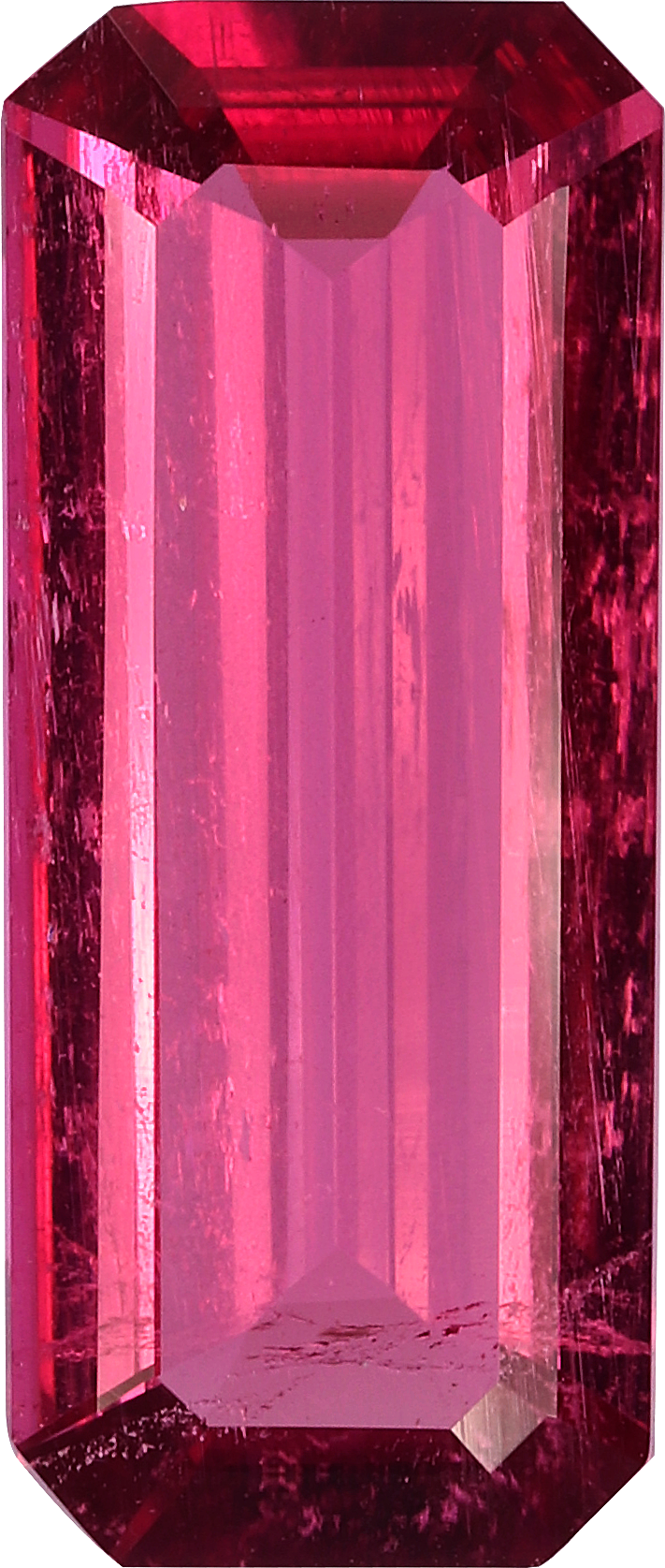 Rectangular cut rubellite tourmaline, 16.4 by 6.95 mm, shown at actual size