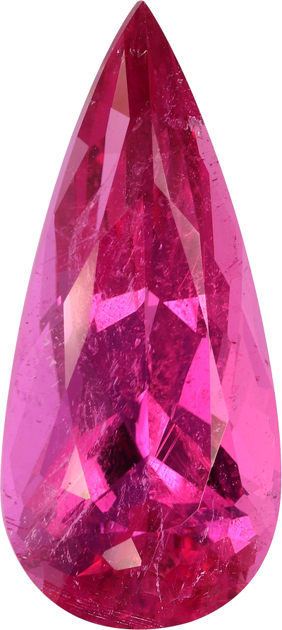Pear cut rubellite tourmaline, 24.53 by 11.11 mm, shown at actual size