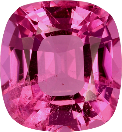 Cushion cut rubellite tourmaline, 8.22 by 7.61 mm, shown at actual size