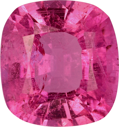 Cushion cut rubellite tourmaline, 8.16 by 7.57 mm, shown at actual size