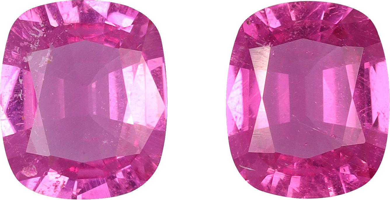 Cushion cut rubellite tourmaline, 6.61 by 5.45 mm, shown at actual size