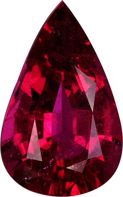 Pear cut rubellite tourmaline, 17.58 by 11.03 mm, shown at actual size