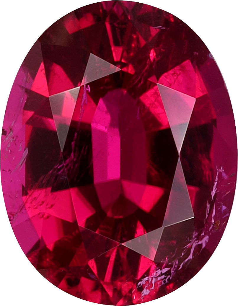 Oval cut rubellite tourmaline, 10 by 7.81 mm, shown at actual size