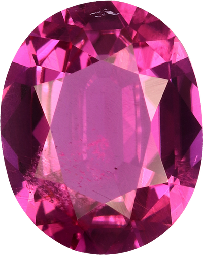 Oval cut rubellite tourmaline, 8.12 by 6.46 mm, shown at actual size