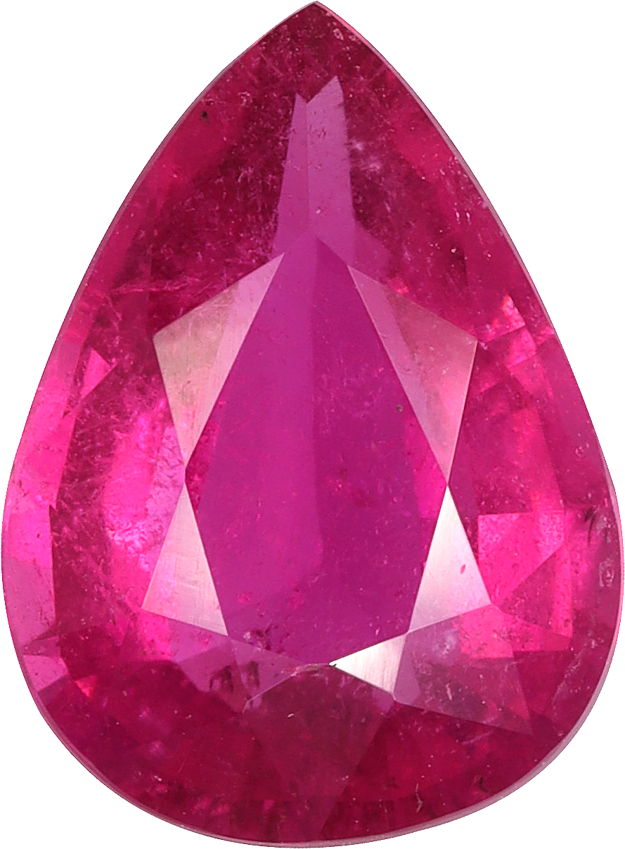 Pear cut rubellite tourmaline, 11.84 by 8.67 mm, shown at actual size