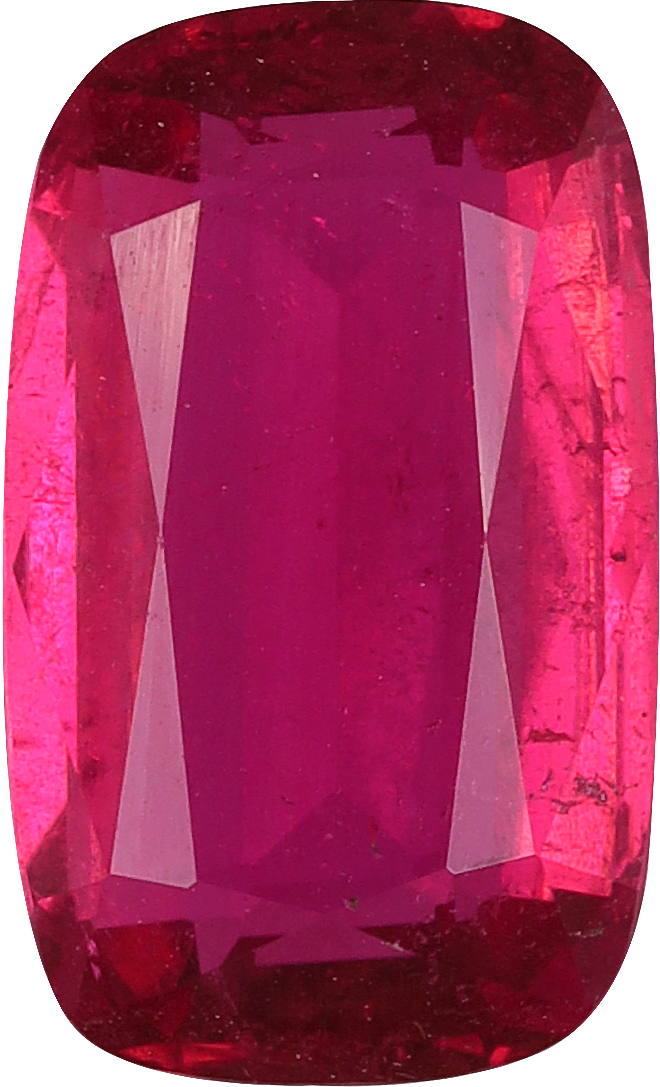 Cushion cut rubellite tourmaline, 10.89 by 6.63 mm, shown at actual size