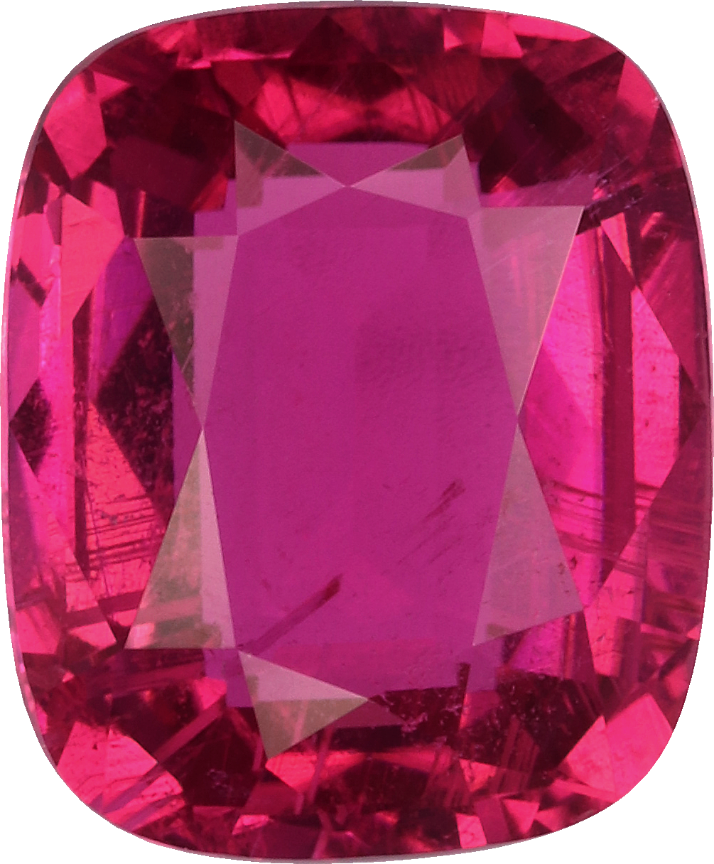 Cushion cut rubellite tourmaline, 8.14 by 6.76 mm, shown at actual size