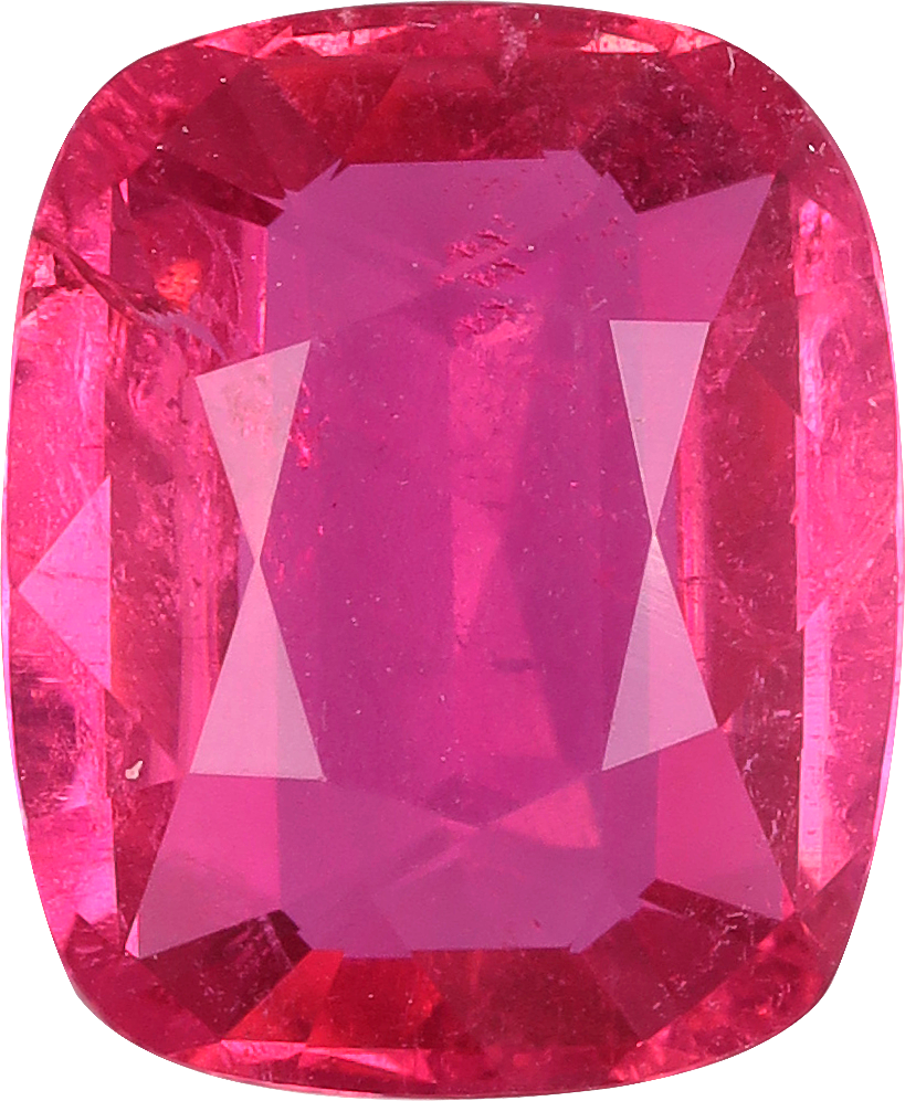 Cushion cut rubellite tourmaline, 9.94 by 8.17 mm, shown at actual size
