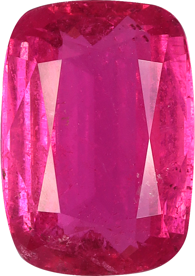 Cushion cut rubellite tourmaline, 9.22 by 6.47 mm, shown at actual size
