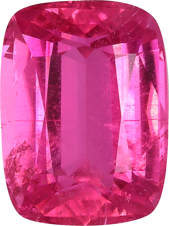 Cushion cut rubellite tourmaline, 9.15 by 6.87 mm, shown at actual size