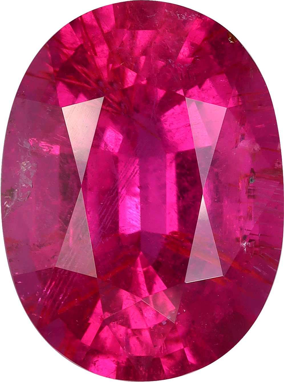 Oval cut rubellite tourmaline, 14.01 by 10.41 mm, shown at actual size