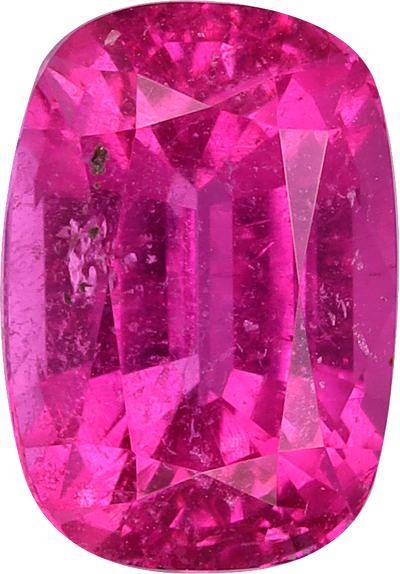 Cushion cut rubellite tourmaline, 8.38 by 5.84 mm, shown at actual size