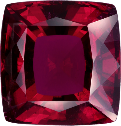 Cushion cut rubellite tourmaline, 16.19 by 15.5 mm, shown at actual size