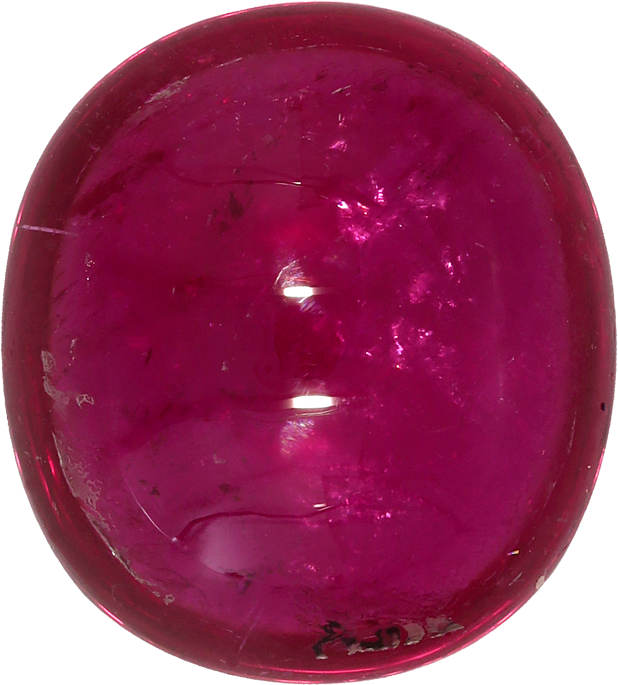 Oval cut rubellite tourmaline, 13.09 by 11.86 mm, shown at actual size
