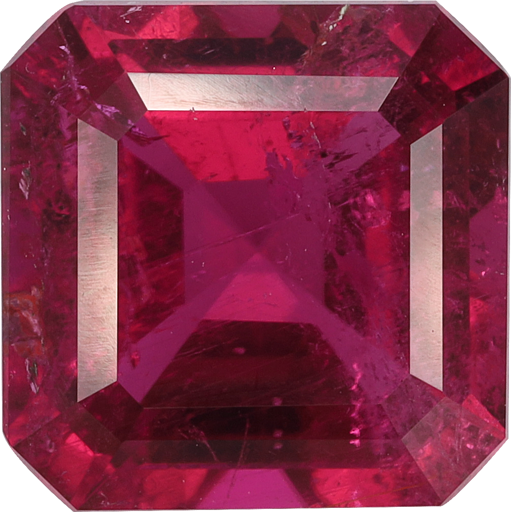 Square cut rubellite tourmaline, 9.01 by 9 mm, shown at actual size