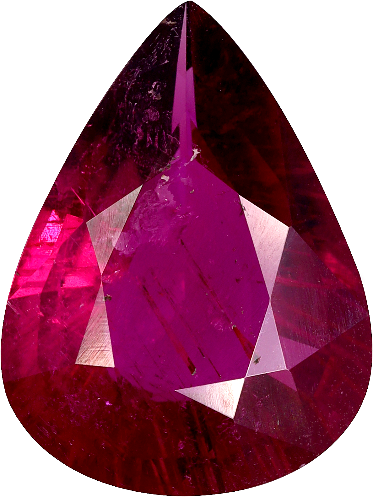 Pear cut rubellite tourmaline, 15.16 by 11.43 mm, shown at actual size