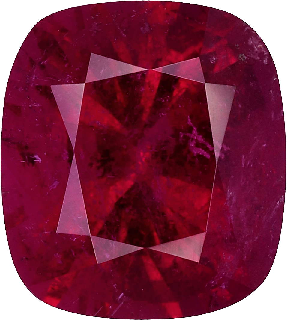 Cushion cut rubellite tourmaline, 9.23 by 8.26 mm, shown at actual size