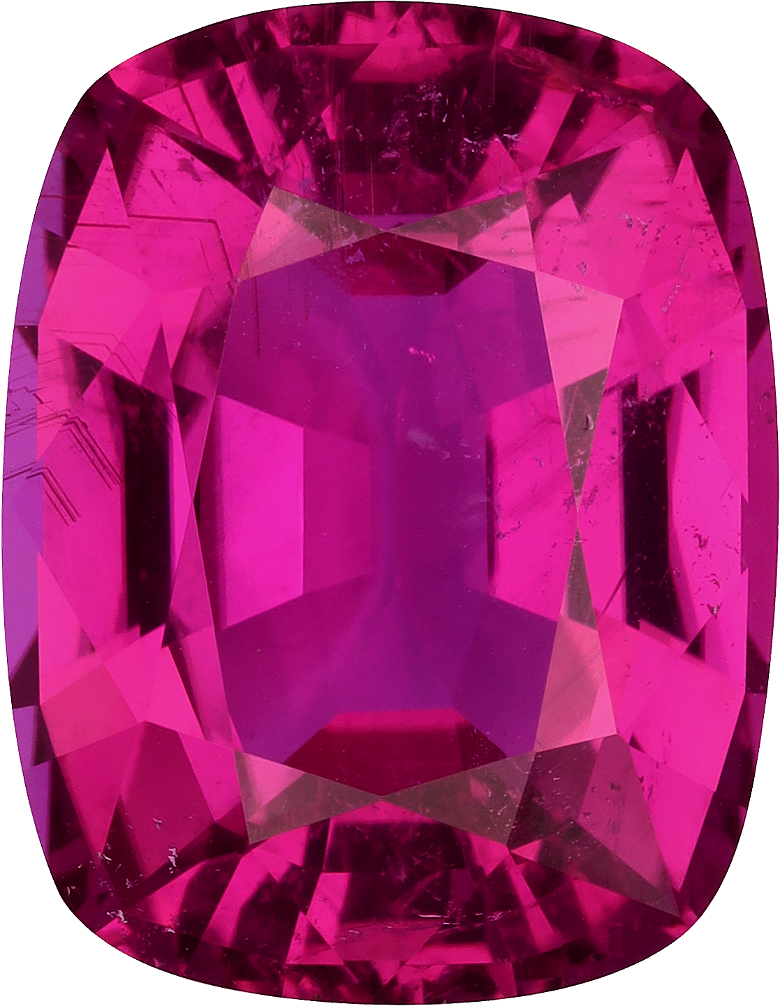 Cushion cut rubellite tourmaline, 16.87 by 13.07 mm, shown at actual size