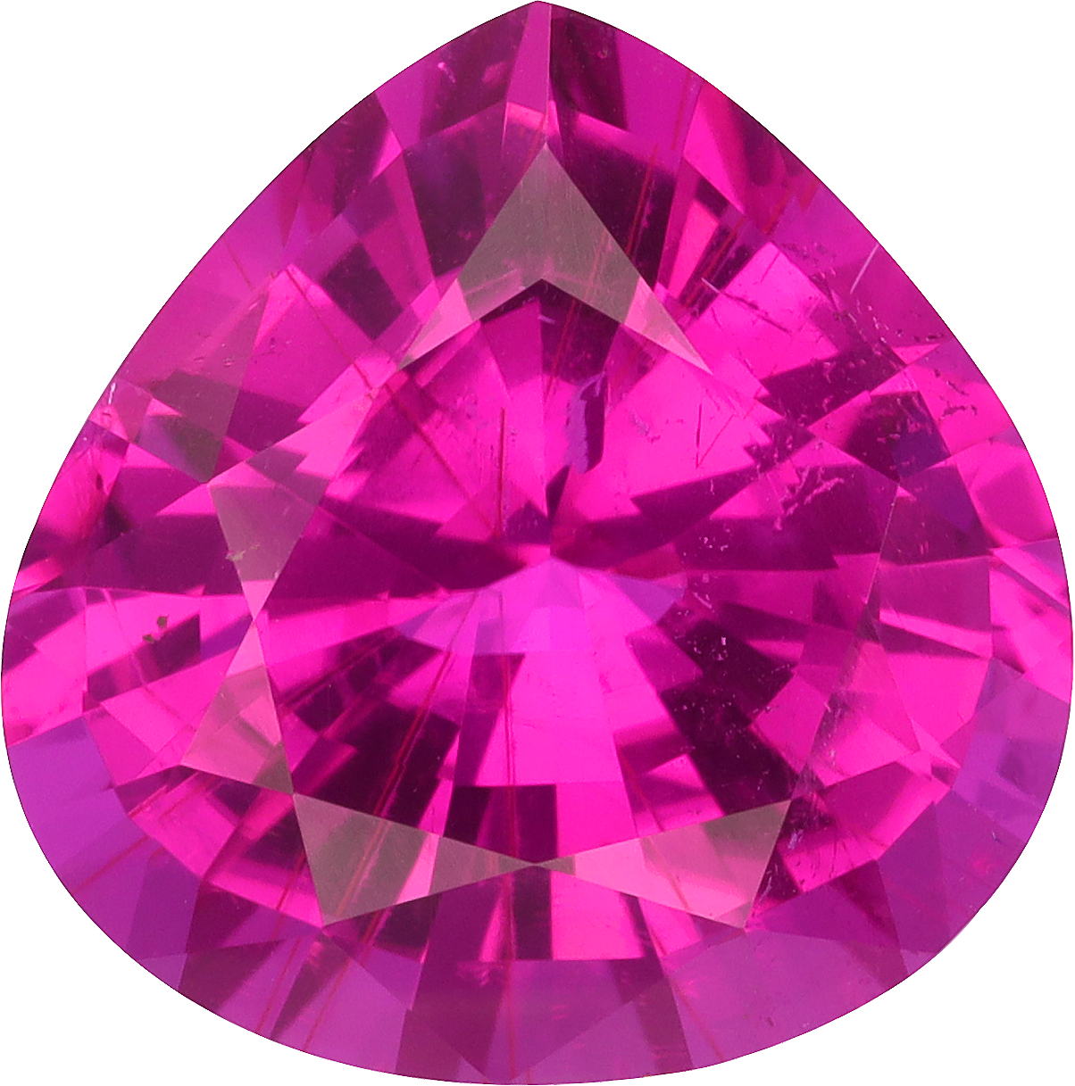 Pear cut rubellite tourmaline, 14.23 by 14.07 mm, shown at actual size