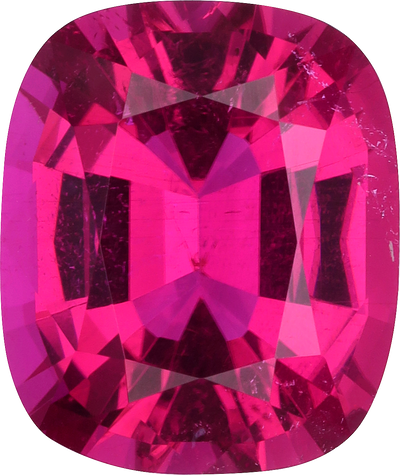 Cushion cut rubellite tourmaline, 11.88 by 10.01 mm, shown at actual size