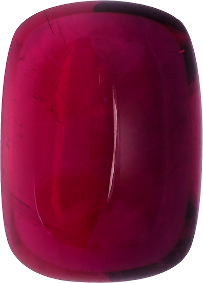 Cushion cut rubellite tourmaline, 19.12 by 13.69 mm, shown at actual size
