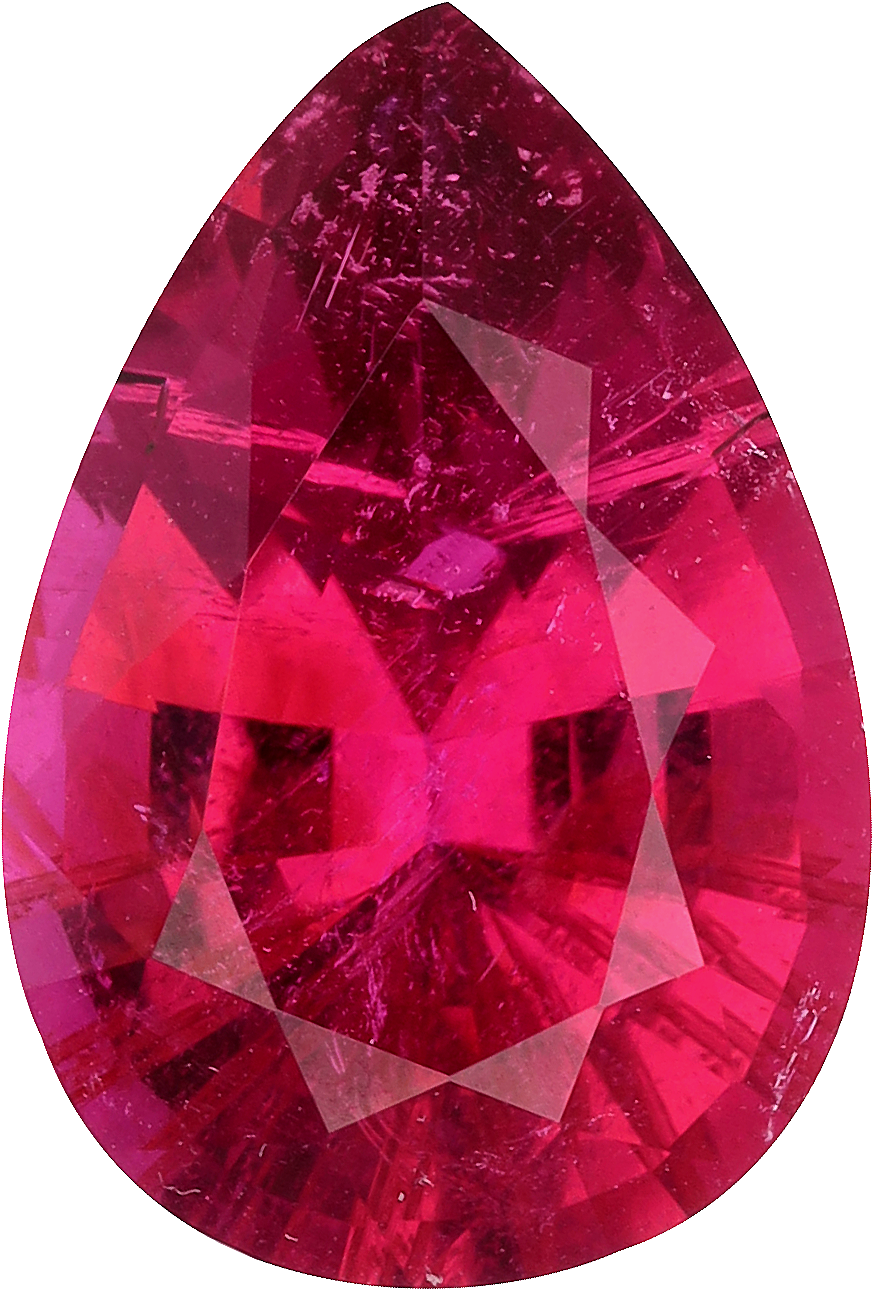 Pear cut rubellite tourmaline, 12.42 by 8.48 mm, shown at actual size