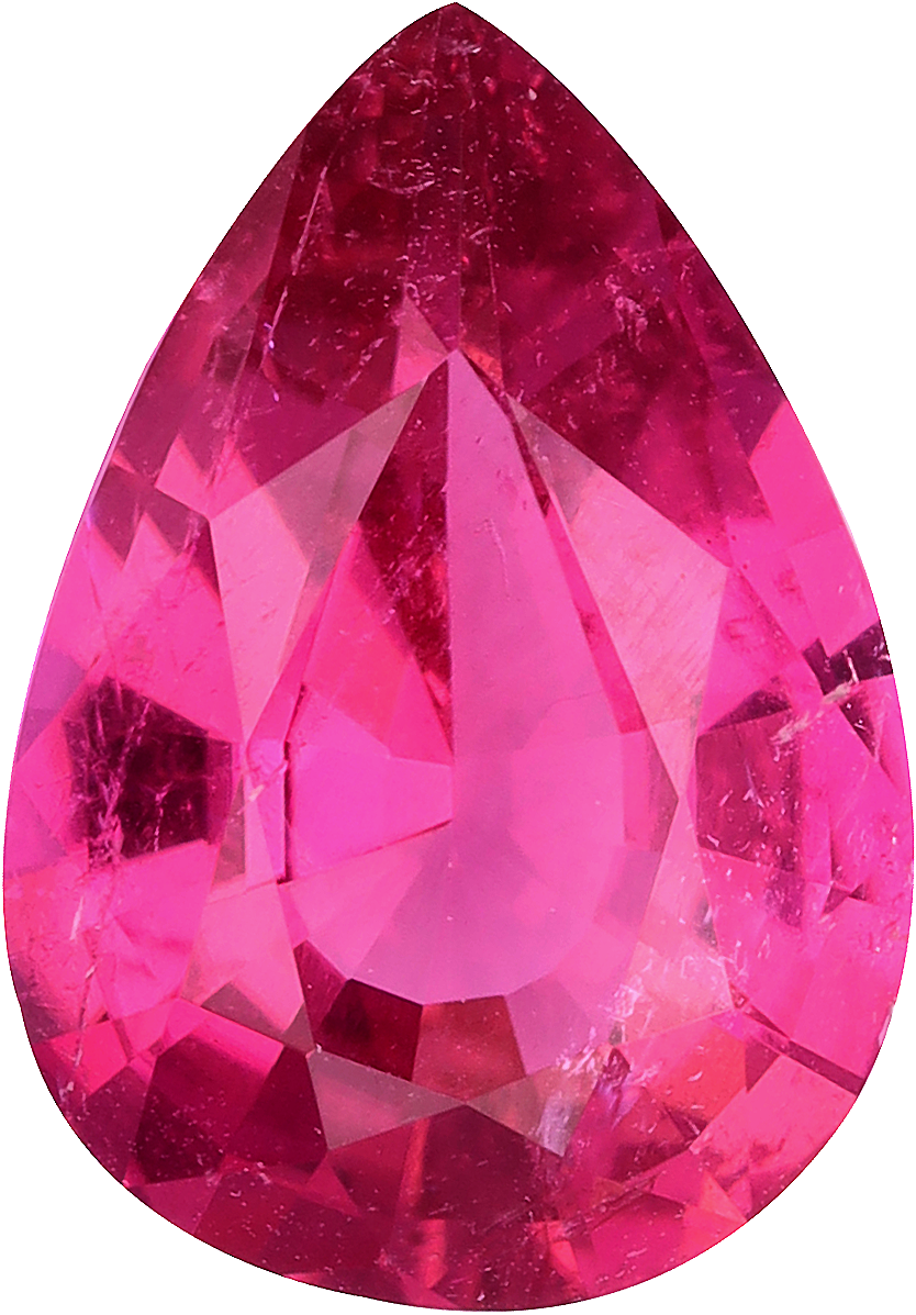 Pear cut rubellite tourmaline, 11.53 by 8.04 mm, shown at actual size