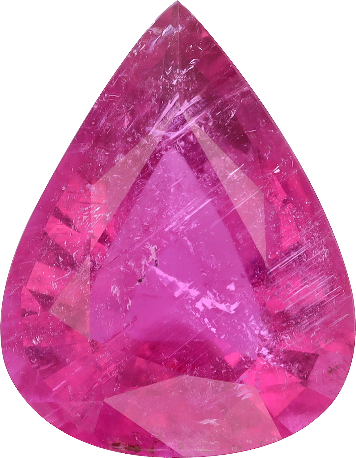 Pear cut rubellite tourmaline, 20.04 by 15.66 mm, shown at actual size