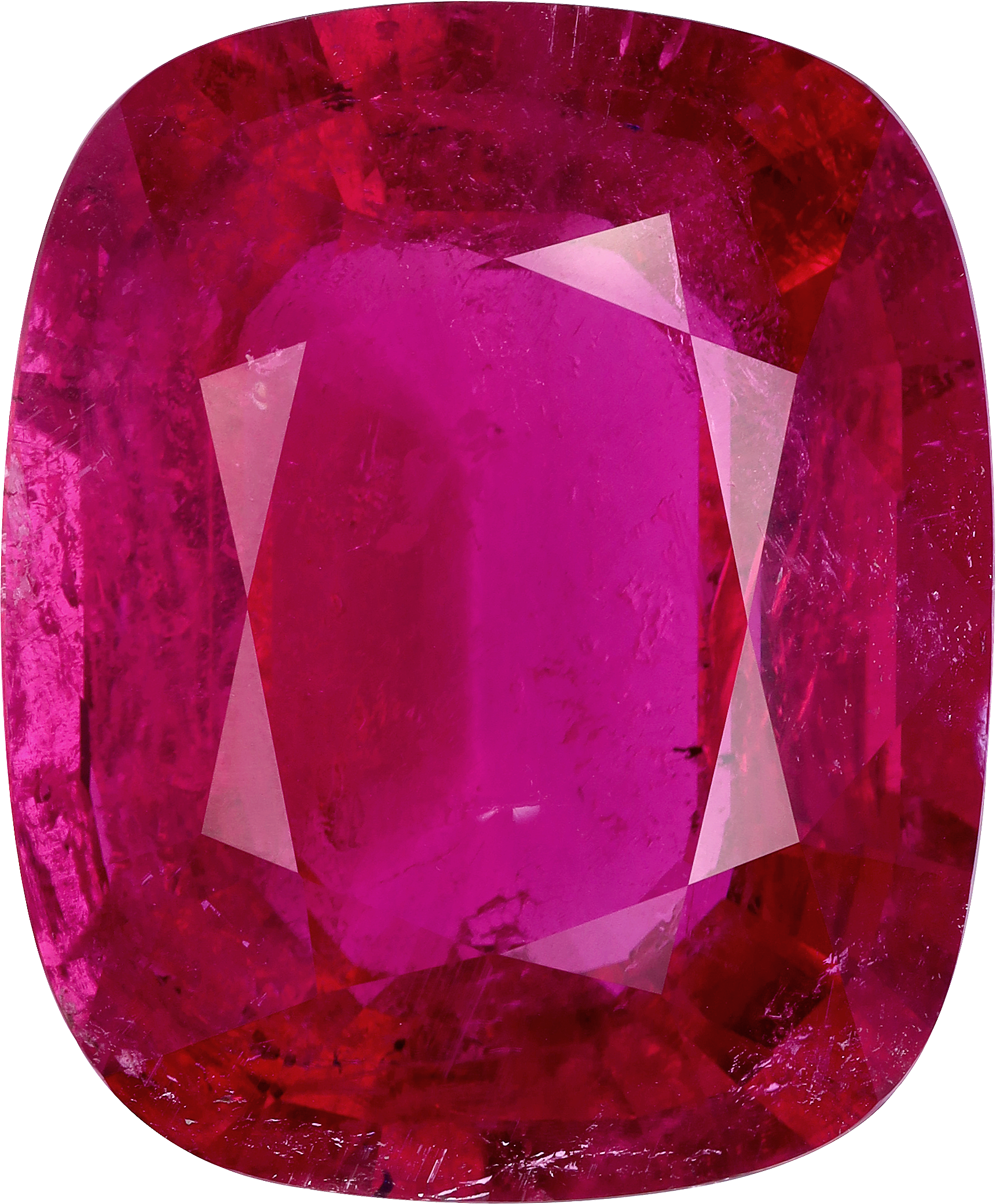 Cushion cut rubellite tourmaline, 34.15 by 28.25 mm, shown at actual size