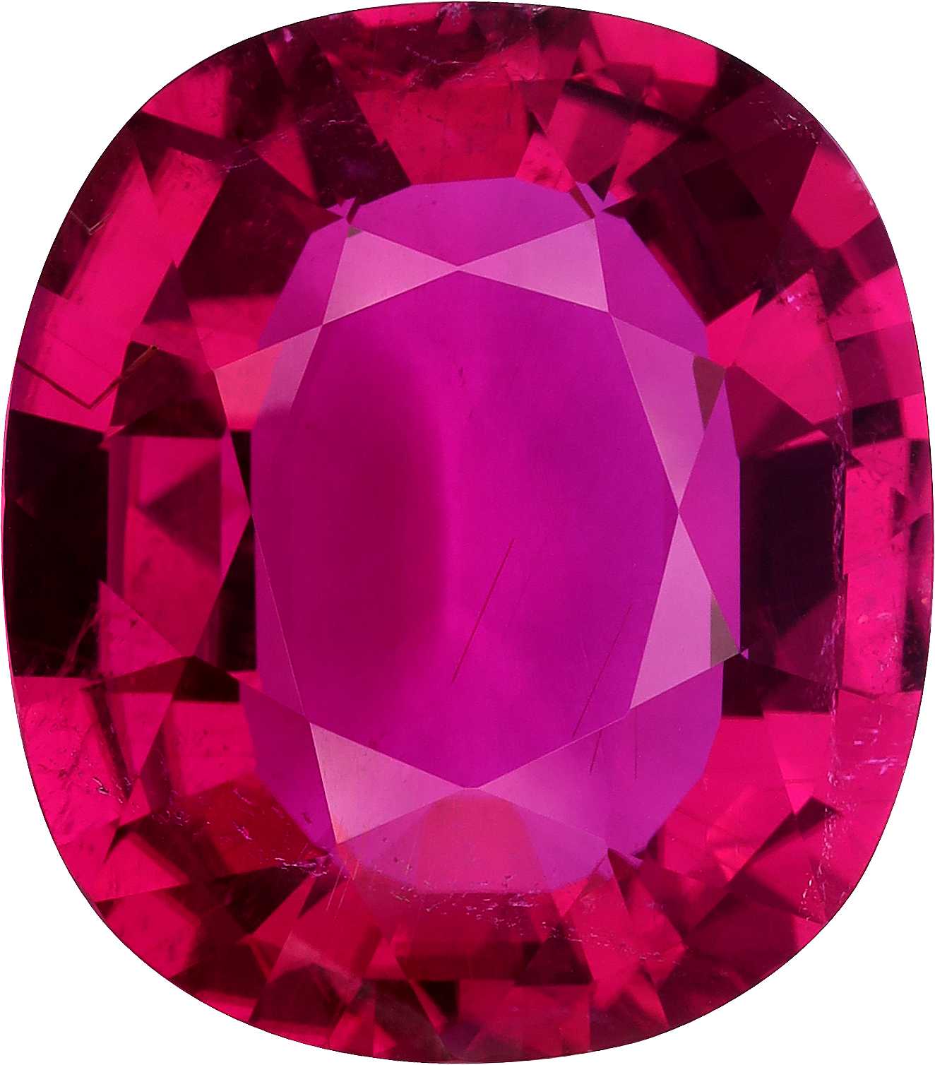 Cushion cut rubellite tourmaline, 23.5 by 20.64 mm, shown at actual size